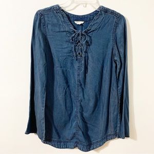 CatoTencel Chambray Long Bell Sleeved Corset Tie V-neck Front Blouse Rounded Hem